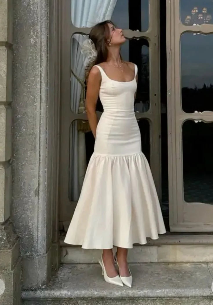 TingPo Wholesale Vintage Mermaid Square Neckline White Ruffles Long Prom Dress Formal Dresses